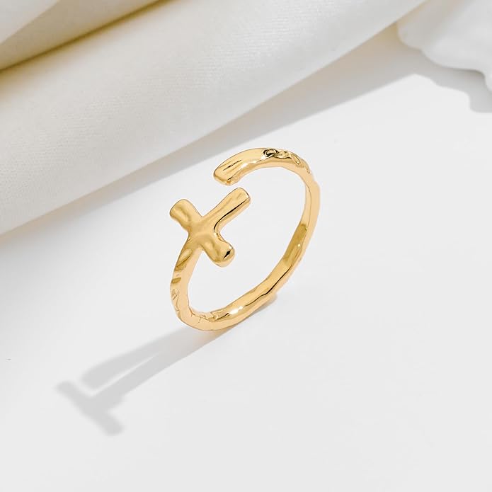 Cross Ring for Women 14 Gold Plated Hammered Texture Open Ring Size Adjustable Dainty Faith Christian Jewelry Gifts