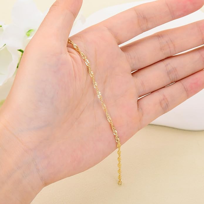 14K Yellow Gold 6-13 Inch 1.2mm-3.2mm Chain Bracelet Anklet for Women, Cuban Link Curb/Rope/Paper Clip/Round Snake/Herringbone/Bead/Water Wave, Thin Gold Chain Bracelet Durable Strong Real 14k Gold Chain Bracelet Anklet