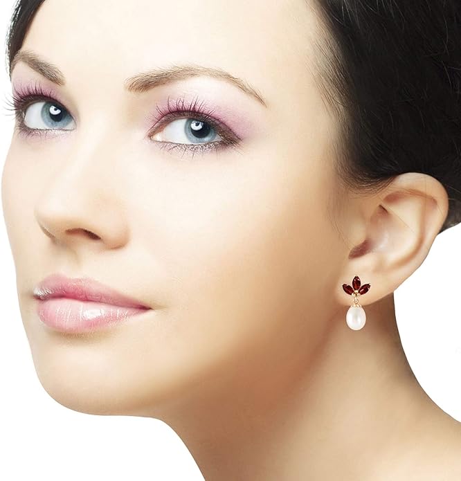 9.5 Carat 14k Solid Yellow Gold Freshwater Pearl Stud Dangle Women Earrings with Natural Garnets