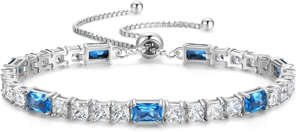 FANCIME Birthstone Bracelet for Women, Sterling Silver 4x6mm Gemstone Tennis Bracelet Bolo Adjustable Chain Fine Jewelry Birthday Gifts for Women Mom Wife Her