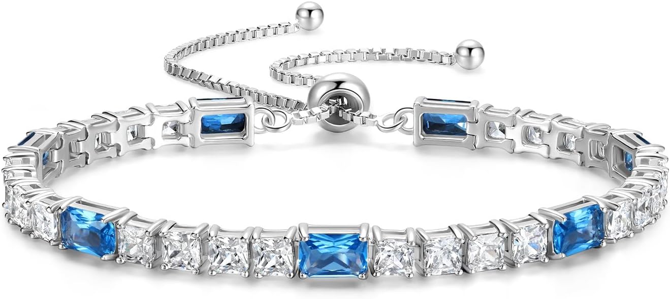 FANCIME Birthstone Bracelet for Women, Sterling Silver 4x6mm Gemstone Tennis Bracelet Bolo Adjustable Chain Fine Jewelry Birthday Gifts for Women Mom Wife Her