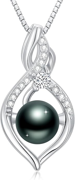 Tahitian Black Pearl 18K White Gold Plated Sterling Silver Heart/Infinity/Four Leaf Clover Pendant Necklace Jewelry Gifts for Women Wife Mom Girlfriend Wedding Birthday Anniversary Christmas
