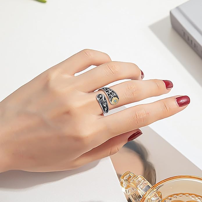 FLYOW Sterling Silver Sunflower Spoon Ring Victorian Style Boho Antique Flower Adjustable Open Ring Retro Statement Cubic Zirconial/Turquoise/Oxidized Thumb Rings for Women Birthday Christmas Jewelry