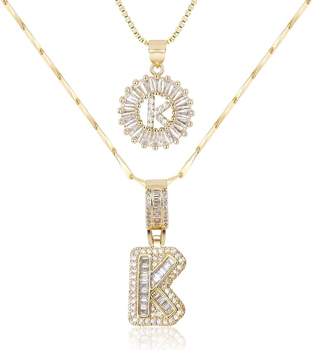 Letter Necklace 14k Gold Plated Bling Dainty Necklaces Trendy Chunky Custom Name Necklace Personalized Round Circle Pendant Zirconia Letters Name Crystal Jewelry Gifts for Women