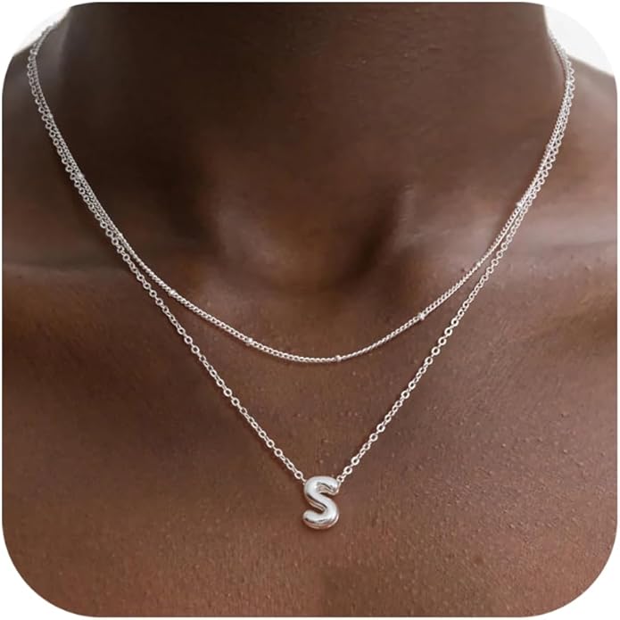 Valentines Day Gifts for Her - Bubble Letter Necklace Layered 14K Gold Plated Initial Necklaces for Women Dainty Cute Choker Pendant Stack Jewelry Fashion Accessories Teen Gift Trendy Stuff