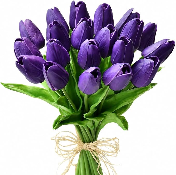 Mandy's 20pcs Artificial Dark Purple Tulips | 13.5 Inch Lifelike PU Tulips Faux by Mandys