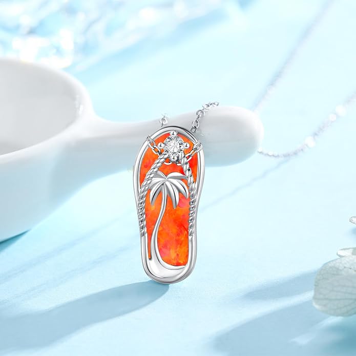 Midir&Etain Ocean Necklace 925 Sterling Silver Blue Opal Necklace Starfish/Flip Flop/Shark Pendant Beach Ocean Jewelry for Women
