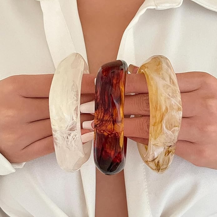 ALEXTINA 3Pcs Acrylic Resin Bangles for Women, Wide Resin Bracelets Chunky Cuff Bracelets Set Stackable Bracelets, Summer Vacation Jewelry Gift for Women