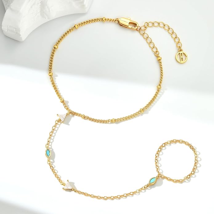 Cicy Bell Hand Chain 18k Gold Plated Bracelet for Women Trendy Teardrop Cubic Zirconia Adjustable Finger Ring Slave Dainty Bracelets Jewelry Gifts