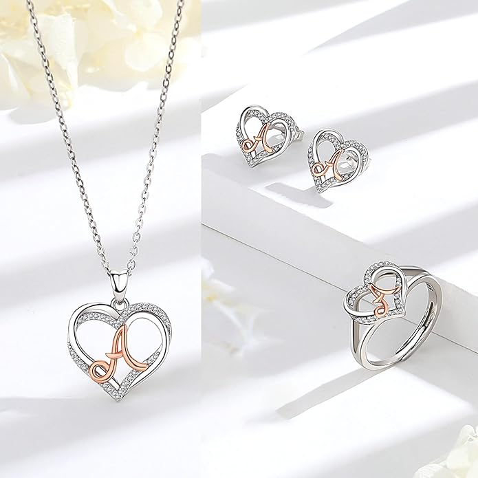 INFUSEU 925 Sterling Silver Initial Heart Ring for Women Girls, Adjustable Size