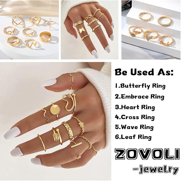 19-36 Pcs Gold Boho Knuckle Rings Set for Women, Vintage Stackable Dainty Joint Finger Gold Jewelry Set with Love Pearl and Sparkling Crystals
