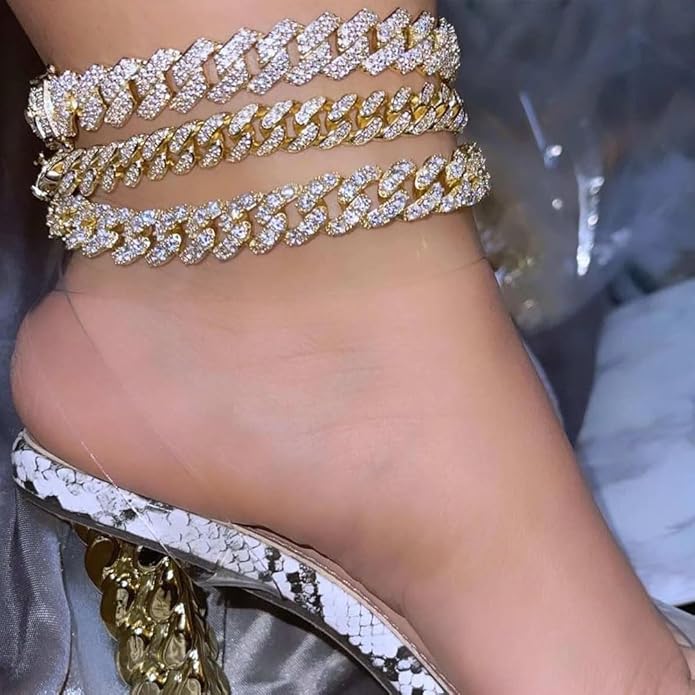 14K Gold Plated Ankle Bracelets for Women Cuban Link Anklets Plus Size Silver Ankle Bracelet Layered Link Anklet Set Rhinestone Bling Anklets Silver Jewelry for Women Gift Set