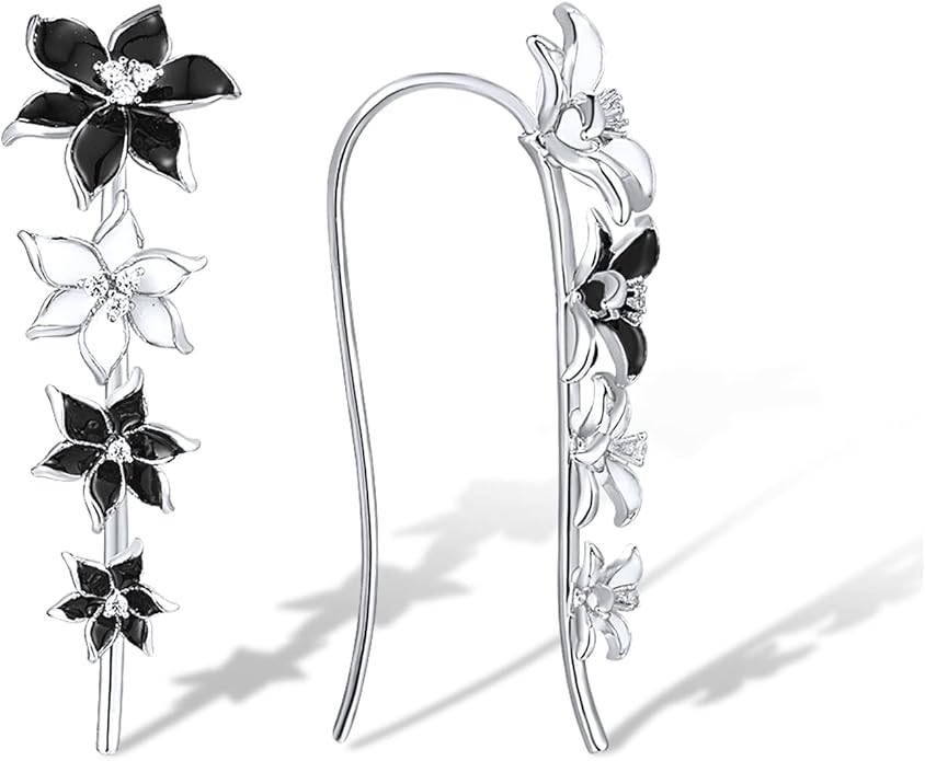 Santuzza 925 Sterling Silver Enamel Flower Ear Cuffs Climber Earrings for Women