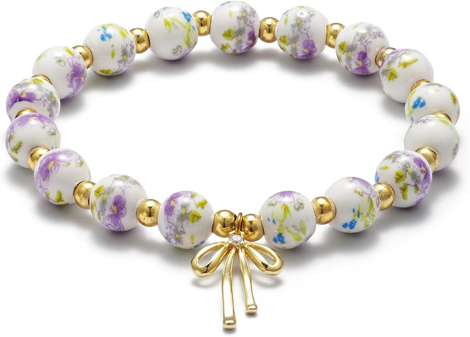 Beads Bow Charm Bracelet for Women Flower Vintage Bracelet Handmade Stretch Beaded Dainty Romantic Jewelry Gifts