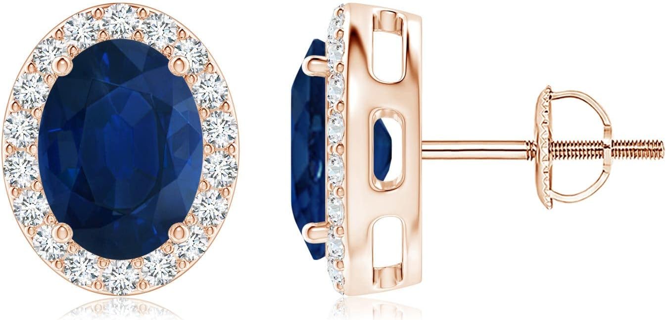 ANGARA Natural Blue Sapphire Earrings for Women | Prong-Set Oval Blue Sapphire Stud Earrings with Diamond Halo in 14K Solid Gold/Platinum | September Birthday, Anniversary, Gemstone Jewellery Gift