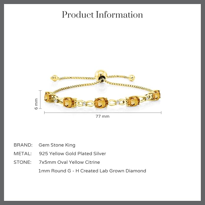 Gem Stone King 7X5MM Oval Cut Gemstone Birthstone and Accent Lab Grown Diamond Tennis Bracelet For Women In 18K Yellow Gold Plated Silver | Adjustable Bolo Bracelet For Women | Easy-On Easy-Off