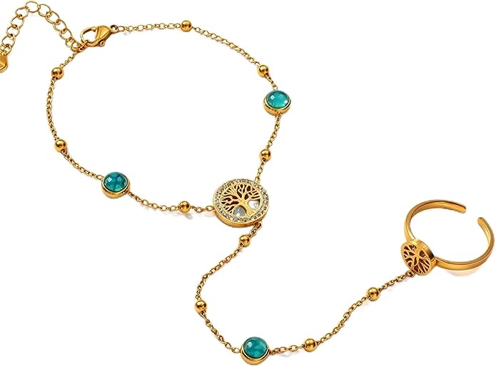 KROSS KULTURE 18K Gold Tree of Life Charm Hand Chain Finger Ring Bracelet with Turquoise Gemstones, Adjustable Dainty Waterproof Hypoallergenic Stainless Steel Fashion Jewelry Gift for Her