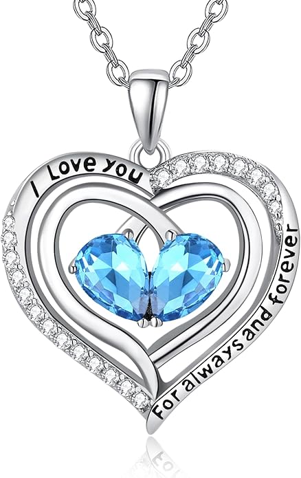 Valentine's Day Gifts for Wife 925 Sterling Silver Double Birthstone Pendant Necklaces I Love You for Always and Forever Necklace Anniversary Birthday Gifts for Wife Girlfriend Mom Her