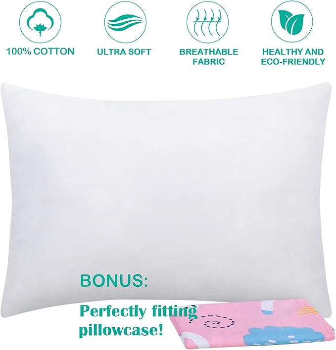 Cottonblue Kids Toddler Pillows with Pillowcases 14x19, 2 Pack Toddler Pillows with 2 100% Organic Cotton Covers, [2-Set] Kids Pillow Set for Preschool, Machine Washable, Pink Unicorn