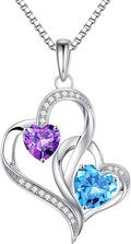 Iefil Valentines Day Gifts for Her - 925 Sterling Silver Double Birthstone Necklace, Heart Necklaces for Women, Anniversary Birthday Gifts, Personalized Jewelry Gift for Wife Mom Girlfriend