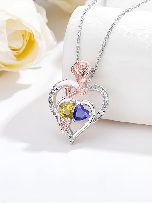 Rose Flower Heart Pendant for Women Birthday Gifts 18k Gold Plated Mother Daughter Necklace with 12 Months Birthstone Christmas Valentines Day Gifts for Her Mom Anniversarry Jewelry for Mom Wife Girlfriend
