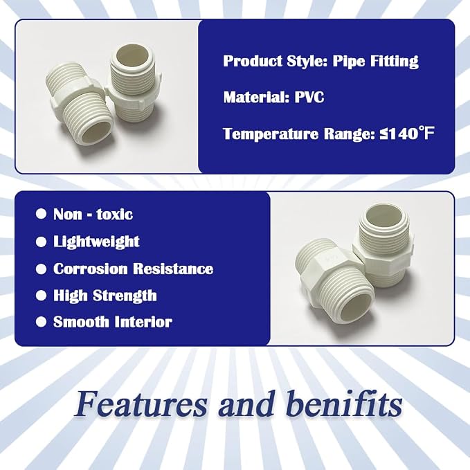 2PCS 1-1/2" PVC Pipe Fittings Nipple G1-1/2 X G1-1/2 Male to Male Thread - Image 3