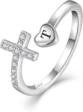 STARCHENIE Cross Initial Ring for Women 925 Sterling Silver Letters A-Z 26 Alphabet Adjustable Ring Size 7