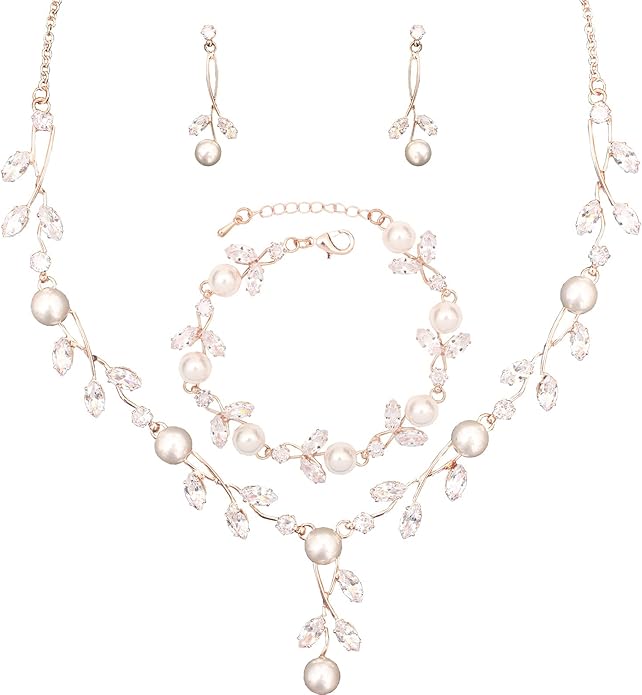 Luxury Cubic Zirconia Aurtrian Crystal Pearl Floral Necklace Dangle Earrings Wedding Bridal Jewelry Set Birthday Gifts for Her