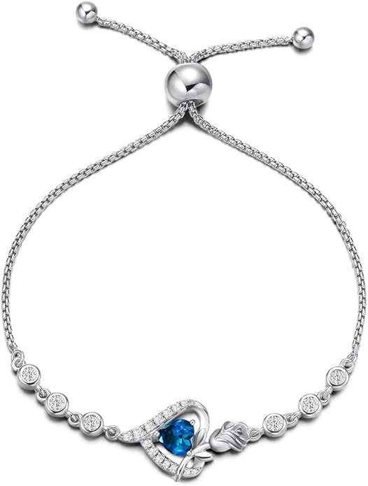 AGVANA Valentines Day Gifts Rosy Reverie Birthstone Bracelet for Women Sterling Silver Genuine or Created Gemstone Tennis Bracelet Rose Heart Jewelry Anniversary Birthday Gifts for Women Mom Wife Her