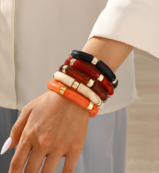 iF YOU 6pcs Chunky Acrylic Bangle Bracelets for Women, Resin Bamboo Brown Stretchy Bracelet Stack, Fashion Jewelry for Women
