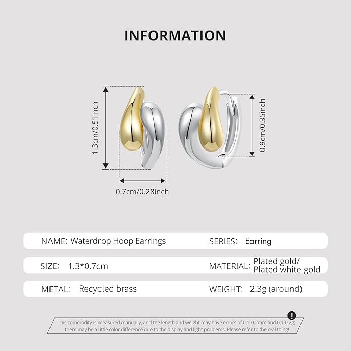 WOSTU 14K Gold Plated Two-Tone Oval Hoop Earrings for Women, Water Drop Design Lightweight Huggie Earrings,925 Sterling Silver Posts Double Drop Chunky Hoops Hypoallergenic Ear Buckles