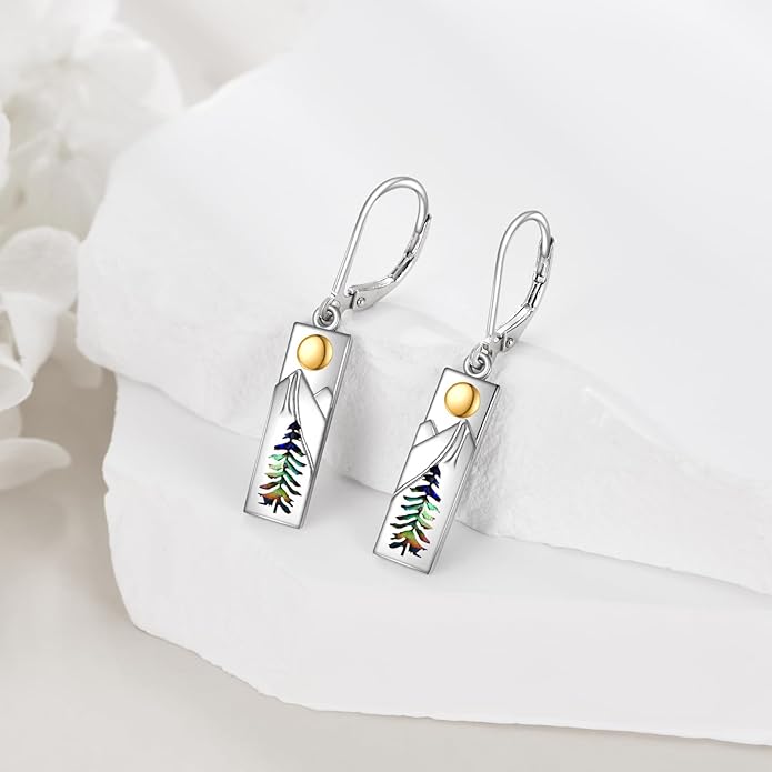 YFN Mountain Earrings 925 Sterling Silver Abalone Dangle Drop Mountain Jewelry Gift for Skiers, Hikers, Campers, Climbers and Nature Lovers