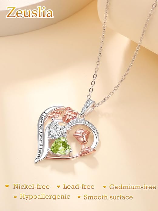 Valentine's Day Gifts for Wife 925 Sterling Silver Double Birthstone Pendant Necklaces I Love You for Always and Forever Necklace Anniversary Birthday Gifts for Wife Girlfriend Mom Her