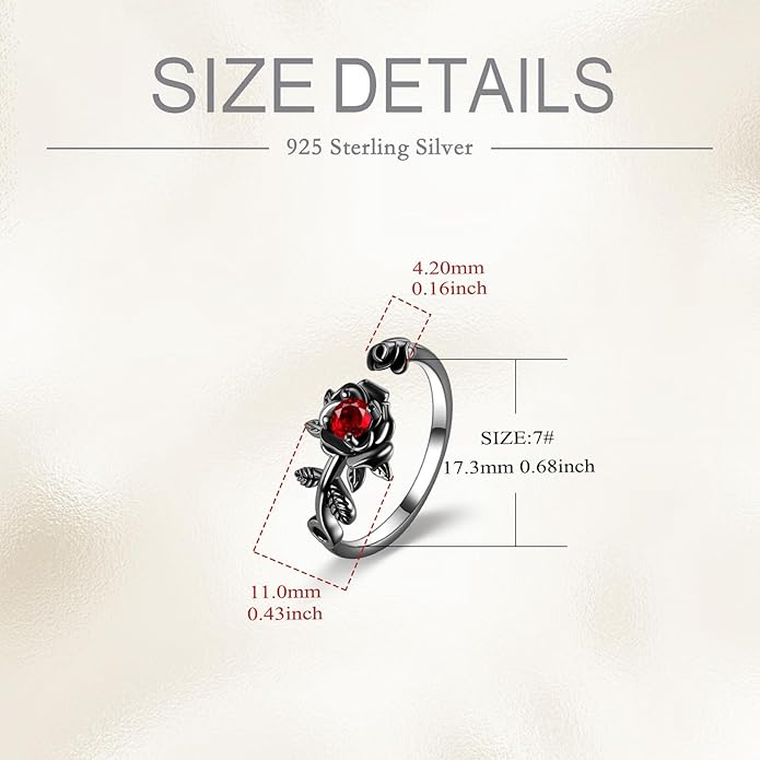 POPLYKE Rose Black Flower Ring For Women Sterling Silver Rings With CZ Jewelry For Women Promise Ring Adjustable Open Ring