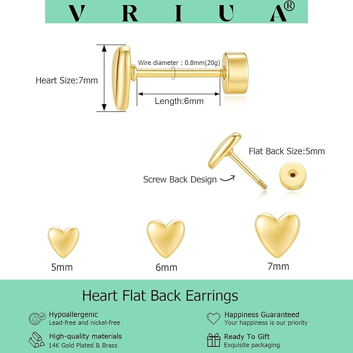 VRIUA 20G Tiny Flat Back Earrings for Women - 14K Gold/Silver Plated Small Flat Back Stud Earrings Hypoallergenic Cartilage Helix Piercing Jewelry