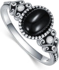 925 Sterling Silver Oxidized Black Onyx Rings for Women - Round & Heart 9mm Onyx Vintage Retro Design, Ideal for Daily Wear