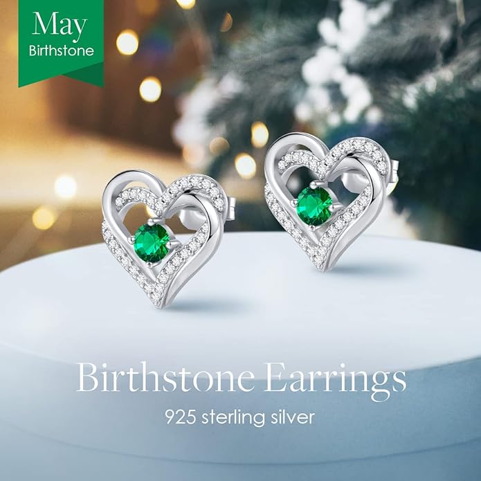 CDE Forever Love Heart Stud Earrings for Women, 925 Sterling Silver Birthstone Heart Stud Earrings Christmas Day Mother's Day Gift Anniversary Birthday Jewelry Gifts for Women Wife Her