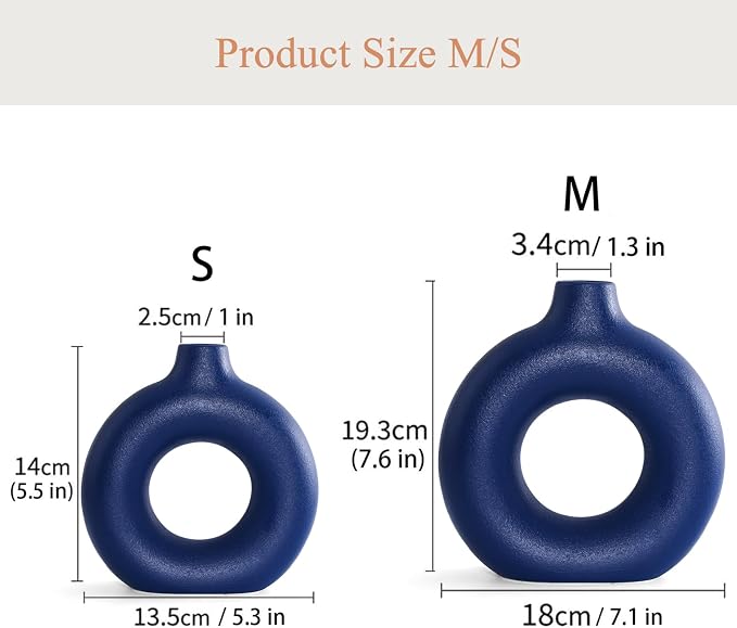 Blue Ceramic Donut Vase Set of 2, Hollow Round Matte Pampas Flower Vases - Image 6