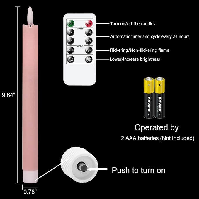 GenSwin Flameless Taper Candles LED Battery Operated Remote Timer Pink | LED - Image 6