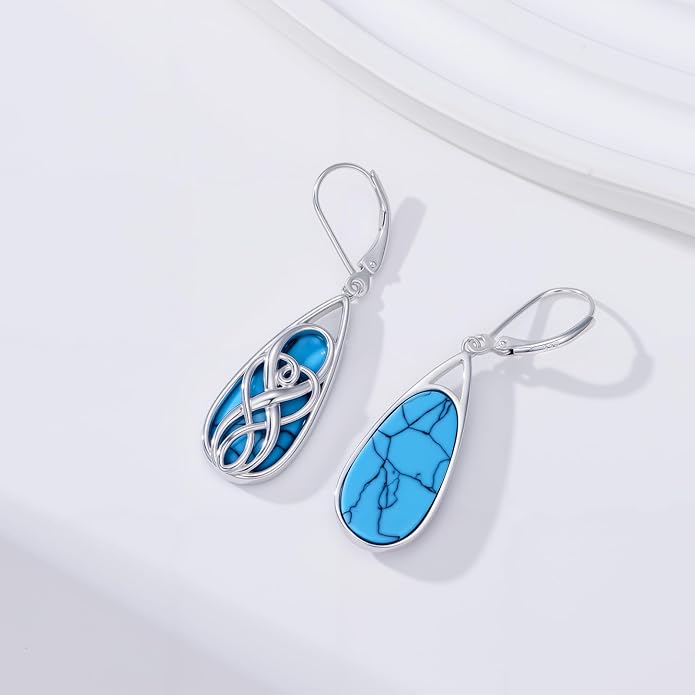 Teardrop Drop Dangle Earrings for Women 925 Sterling Silver Turquoise/Moonstone/White Opal Earrings Celtic Design Boho Jewelry Gifts for Mom Wife Sister
