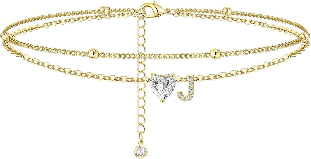 Ankle Bracelets for Women Waterproof 14K Gold Plated CZ Initial Anklet for Women Dainty Layered Letter Heart Ankle Bracelets Handmade Adjustable Foot Chain Anklet Summer Beach Jewelry