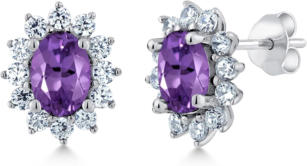 Gem Stone King 7X5MM Oval Gemstone Birthstone Stud Earrings For Women | Princess Diana Royal Halo Style | 925 Sterling Silver | Fine Jewelry Gifts for Anniversary Wedding Her Mom Women Wife