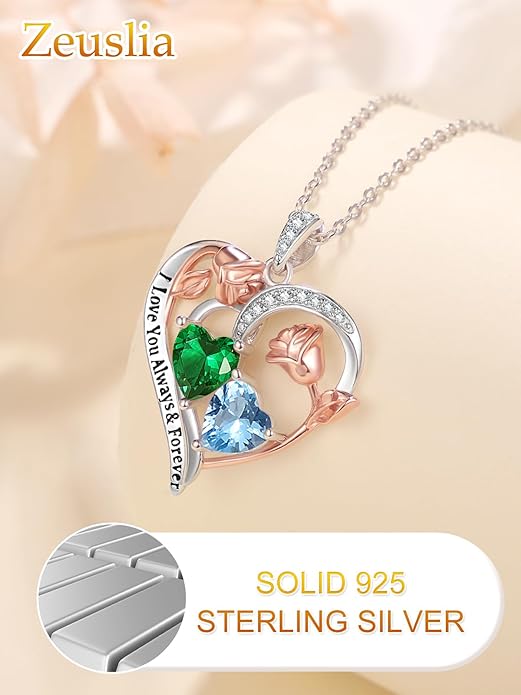 Valentine's Day Gifts for Wife 925 Sterling Silver Double Birthstone Pendant Necklaces I Love You for Always and Forever Necklace Anniversary Birthday Gifts for Wife Girlfriend Mom Her
