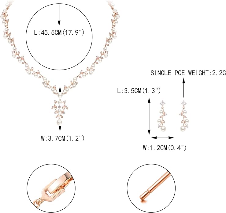 EVER FAITH Bridal Cubic Zirconia Jewelry Sets for Women, White Simulated Pearl Leaf Vine Pendant Wedding Party Necklace Earrings Set for Bridesmaid Bride