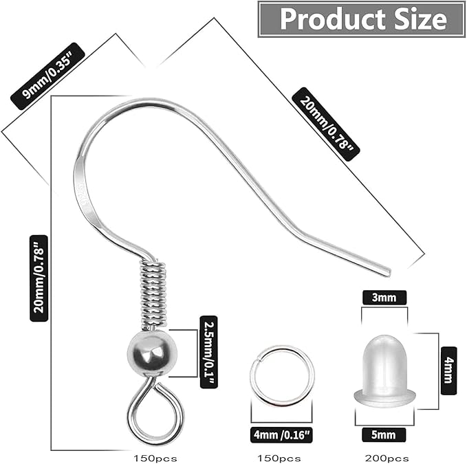 Hypoallergenic Earring Hooks 500 PCS/75 Pairs, Earring Making kit,Ear Wires Fish Hooks with Jump Rings and Clear Silicone Backs Stoppers