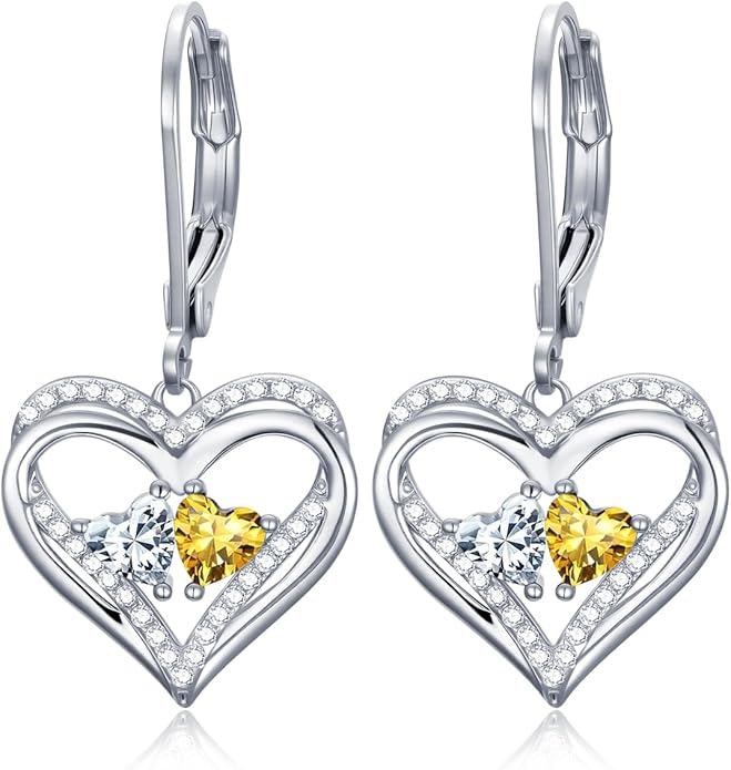 Valentines Day Gifts for Women, Heart Leverback Earrings Double Birthstone Dangle Earrings for Women, Love Jewelry for Her, Anniversary Birthday Gift for Mom Wife Girlfriend