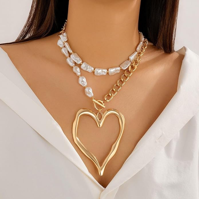 Chunky Gold Necklace Big Heart Necklace for Women Silver Large Statement Necklaces Thick Bold Chain Puffy Love Heart Charm Necklaces for Women with OT Toggle Silver Chunky Gold Jewelry Trendy Valentine's Day Gift