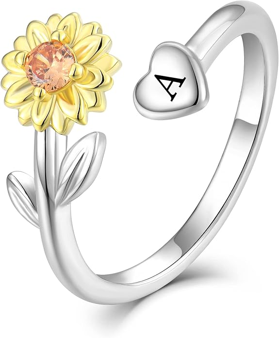 STARCHENIE Sunflower Initial Ring for Women 925 Sterling Silver Letters A-Z 26 Alphabet Adjustable Ring Size 7