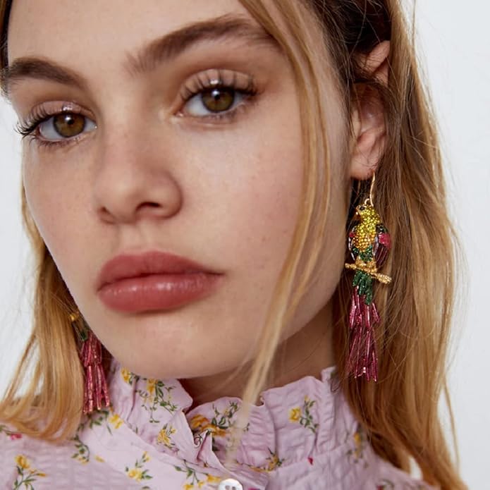 Parrot Earrings for Women, Cute Bird Parrot Tassel Earrings for Womens, Rainbow Parrot Branch Dangle Earrings Hypoallergenic