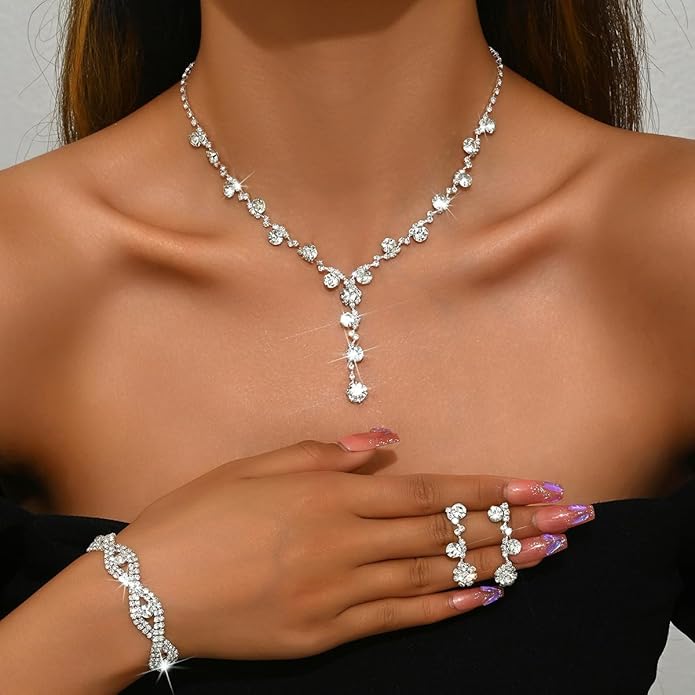 Silver Crystal Bridal Jewelry Set, Teardrop Dangle Earrings Rhinestone Necklace Bracelet for Bride Bridesmaid Crystal Bridal Wedding Party Jewelry Sets